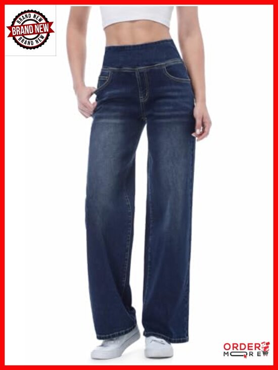Denim - Pull On Wide Leg Jeans High Waisted Stretchy Tummy Control Denim Pants